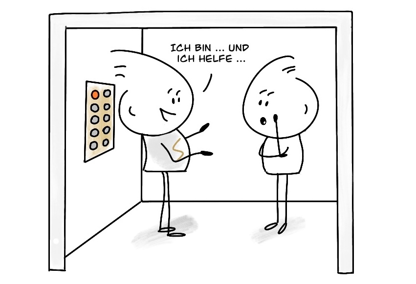 Zwei Figuren im Gespräch: Ich bin … und ich helfe …
